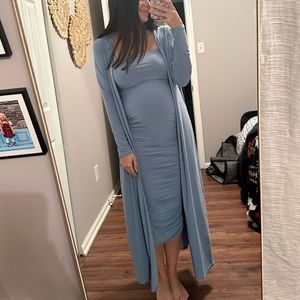 LIGHT BLUE BOOHOO MATERNITY SQUARE NECK RUCHED DUSTER & DRESS SET